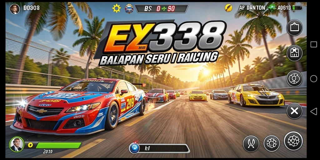 Screenshot utama EZ338 menampilkan momen balapan menegangkan.