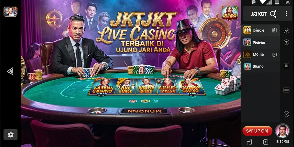 Skrinsyut gameplay Live Casino JKTJKT menampilkan dealer dan meja permainan.