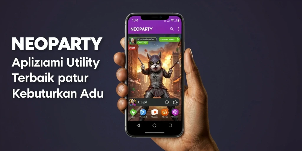 Screenshot utama NEOPARTY menampilkan antarmuka pengguna yang ramah dan fitur-fitur utama aplikasi.
